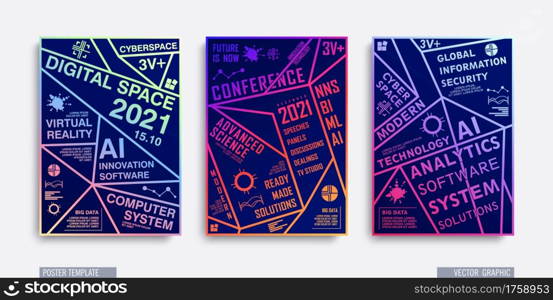 Vector poster templates with abstract polygonal structure. Trendy low poly cover pages. Linear graphics with color gradation. Information Technology. Vector poster templates with abstract polygonal structure. Trendy low poly cover pages. Linear graphics with neon colors. Information Technology