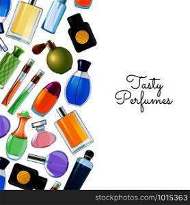Vector poster with colored perfume bottles background illustration for advertising. Vector poster with perfume bottles background illustration