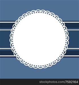 Vector poster with spare place for text template, advertising layout. Mockup of greeting card with round frame isolated on blue stripes and rhombus backdrop. Vector Poster Place for Text Template, Advertising