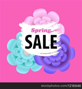 Vector poster with spring flowers and text Spring sale on white brushes. Colorful pink banner template.