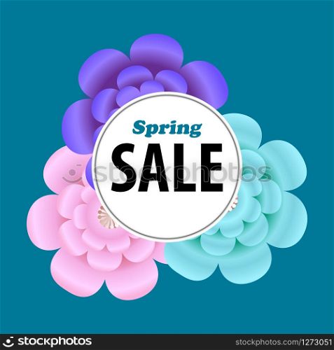 Vector poster with spring flowers and text Spring sale on white brushes. Colorful blue banner template.