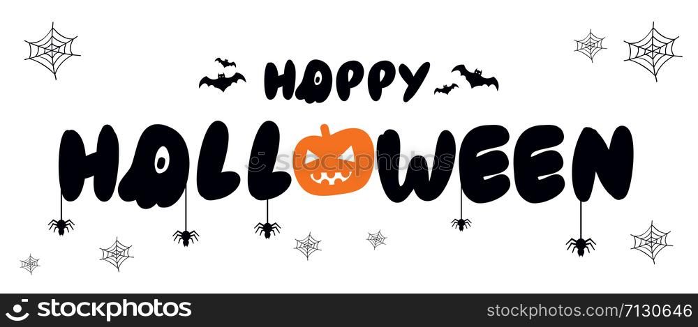 Vector poster with type of Happy Halloween, pumpkin with bat, spider and web on white background. For banner, greeting card, party invitation, postcard, typography poster.. Vector poster with type of Happy Halloween, pumpkin with bat, spider and web.