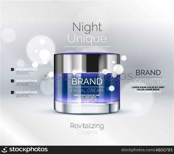 Vector premium cream ads, facial skincare brand cosmetic packaging, translucent glass cream bottle with glittering