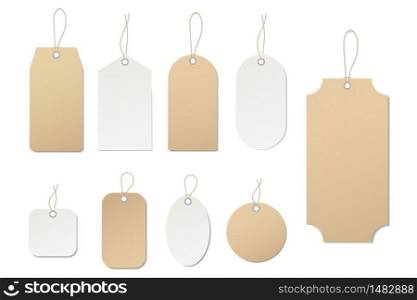 Vector price tag. Blank paper label. Template empty tag for price of buy in shop, hang sale, gift card. Luggage tag with cord. Texture ticket. White labels with string. Set of sticker. Isolated vector. Vector price tag. Blank paper label. Template empty tag for price of buy in shop, hang sale, gift. Luggage tag with cord. Texture ticket. White labels with string. Set of sticker. Isolated vector