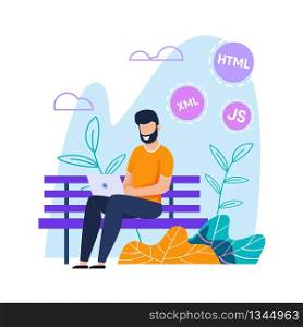 Vector Programmer or Web Designer Working Distantly on Laptop in Urban City Park Cartoon. Flat Smiling Bearded Man Sits on Bench. Creative Working Process Outdoors. Freelancer with Gadget Illustration. Programmer Working on Laptop in Park Flat Cartoon