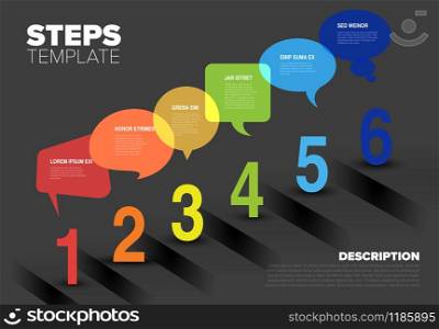 Vector progress speech bubbles template for six steps or options - dark background version