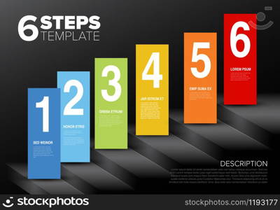 Vector progress template for six steps or options and sample text content in blocks - on dark background