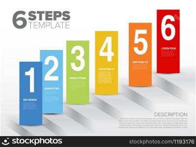 Vector progress template for six steps or options and sample text content in blocks. Vector six steps template with blocks and numbers