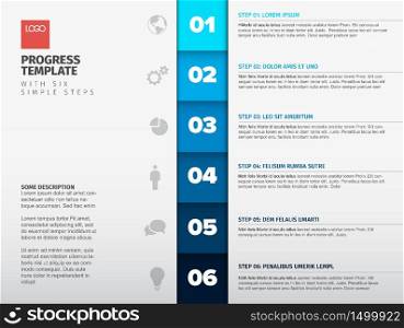 Vector progress template with six steps, descriptions and icons, vertical blue version with big numbers
