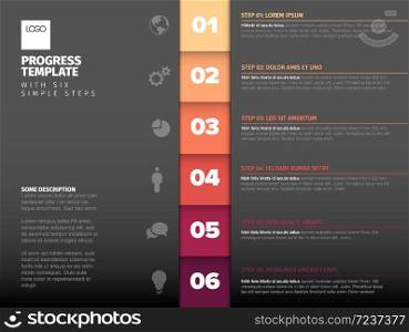 Vector progress template with six steps, descriptions and icons, vertical dark red version with big numbers. Red vertical steps progress template