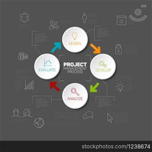 Vector Project management process diagram with white buttons and dark background. Vector Project management process diagram concept
