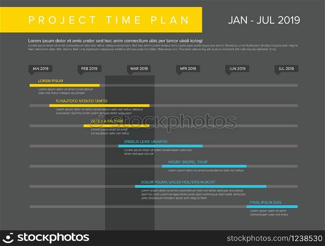 Vector project timeline graph - gantt progress chart of project - dark yellow and blue version