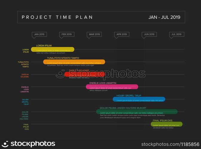 Vector project timeline graph - gantt progress chart with highlighet project tasks in time intervals - dark version