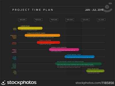 Vector project timeline graph - gantt progress chart with highlighet project tasks in time intervals - dark version