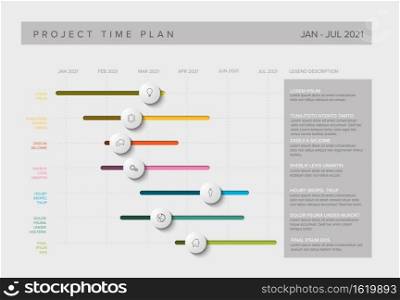 Vector project timeline graph - gantt progress chart with highlighet project tasks with icons in time intervals. Gantt project production timeline graph