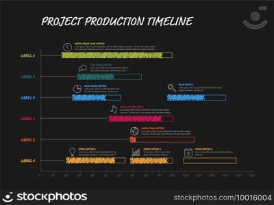 Vector project timeline graph - hand drawn gantt progress chart with highlighet project tasks in time intervals on dark background. Handmade dark Gantt project production timeline graph