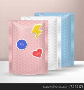 Vector Protective Bubble Mailing Postal Bag or Envelop Packaging Mockup with Cartoon Stickers.