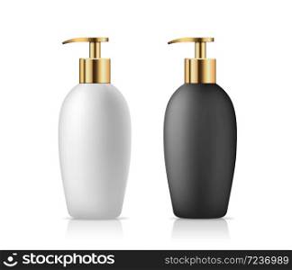Vector Pump bottle black and white with golden cap products template collection design on gray background, llustration