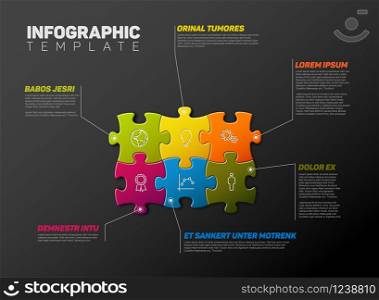Vector puzzle Infographic report template made from colorful jigsaw pieces, icons and description text - dark background version. Vector Puzzle Infographic report template