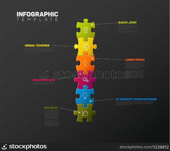 Vector puzzle Infographic report template made from colorful jigsaw pieces, icons and description text - dark version. Infographic Company Milestones Timeline Template