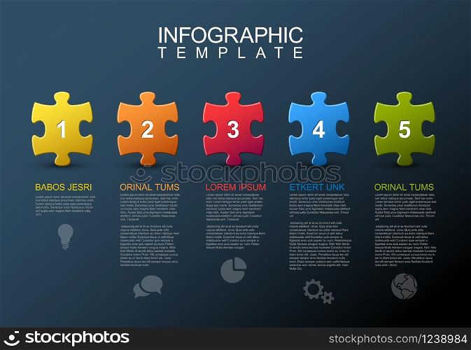 Vector puzzle Infographic report template made from colorful jigsaw pieces, icons and description text - dark version. Five steps infographic with puzzle pieces