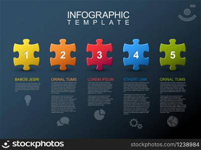 Vector puzzle Infographic report template made from colorful jigsaw pieces, icons and description text - dark version. Five steps infographic with puzzle pieces