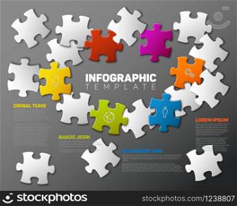 Vector puzzle Infographic report template made from colorful jigsaw pieces, icons and description text. Vector Puzzle Infographic report template