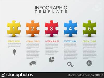 Vector puzzle Infographic report template made from colorful jigsaw pieces, icons and description text