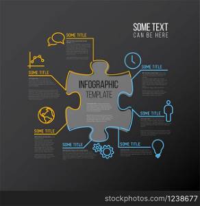 Vector puzzle Infographic report template made from lines and icons - dark blue and yellow version. Vector Puzzle Infographic report template