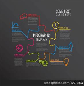 Vector puzzle Infographic report template made from lines and icons - dark version