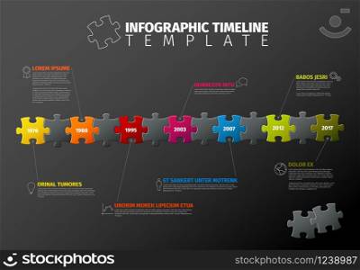Vector puzzle Infographic timeline report template made from colorful jigsaw pieces, icons and description text - dark version