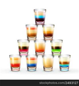 Vector pyramid of different colored striped alcoholic shots isolated on white background. Set of shots