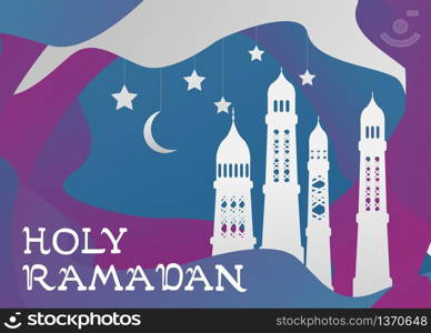 Vector Ramadan Kareem card. Vintage paper banner with mosque, moon, stars, sun and cloud for holy Ramadan wishing. Arabic decor in Eastern style. Islamic muslim background.