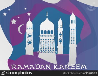 Vector Ramadan Kareem card. Vintage paper banner with mosque, moon, stars, sun and cloud for holy Ramadan wishing. Arabic decor in Eastern style. Islamic muslim background.