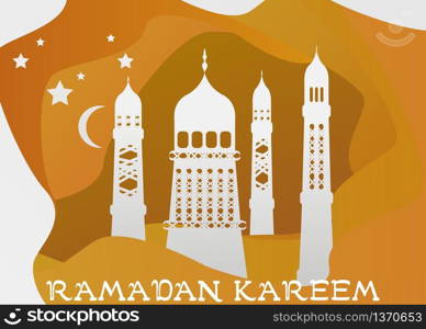 Vector Ramadan Kareem card. Vintage paper banner with mosque, moon, stars, sun and cloud for holy Ramadan wishing. Arabic decor in Eastern style. Islamic muslim background.