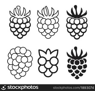 vector raspberry set isolated on white background. black and thin line berry fruits symbols. organic raspberry food