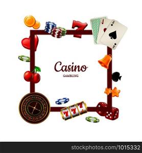 Vector realistic casino gamble flying around frame with place for text illustration isolated on white background. Vector realistic casino gamble with place for text illustration