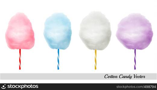 Vector realistic cotton candies on colourful confectionery candyfloss sticks. Sweet sugar clouds.