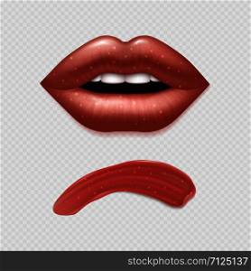Vector realistic female lips and shine lipstick template. Illustration of beauty and fashion. Vector realistic female lips and lipstick template