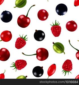 Vector realistic fruits and berries pattern or background illustration. Fruit fresh strawberry and blackberry pattern. Vector realistic fruits and berries pattern or background illustration