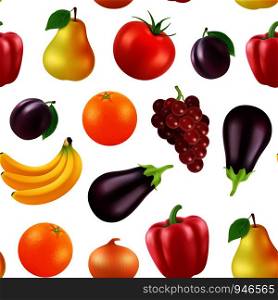 Vector realistic fruits and berries pattern or background illustration. Vegetarian background fresh, berry and eggplant. Vector realistic fruits and berries pattern or background illustration