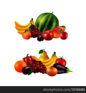 Vector realistic fruits and berries piles set isolated on white background illustration. Food fruit juicy, ripe banana and berry. Vector realistic fruits and berries piles set isolated on white background illustration