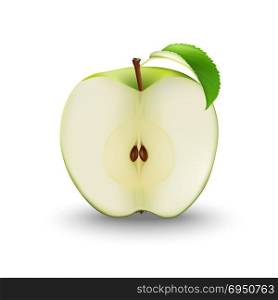 Vector Realistic Green Apple Cut in Half With Seeds and Leaf. Sliced fruit. Detailed 3d Illustration Isolated On White. Design Element For Label, Web Or Print Packaging.