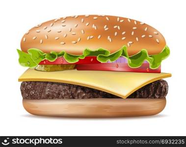 Vector Realistic Hamburger Classic Burger American Cheeseburger with Lettuce Tomato Onion Cheese Beef and Sauce Close up isolated on white Background. Fast Food