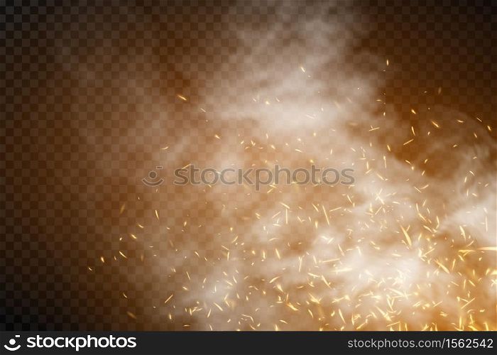 Vector realistic isolated fire effect with smoke for template decoration and mockup covering on the transparent background. Concept of sparkles, flame and light.