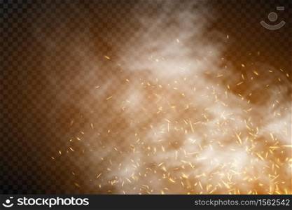 Vector realistic isolated fire effect with smoke for template decoration and mockup covering on the transparent background. Concept of sparkles, flame and light.