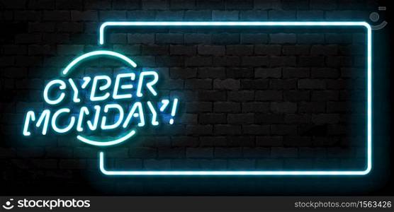 Vector realistic isolated neon sign of Cyber Monday logo for template decoration and covering on the wall and transparent background. Concept of electronics market, sale and discount.