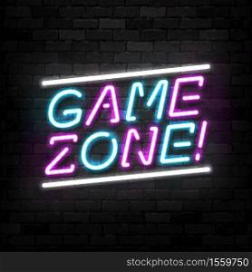 Vector realistic isolated neon sign of Game Zone for template and layout on the wall background. Concept of gaming.
