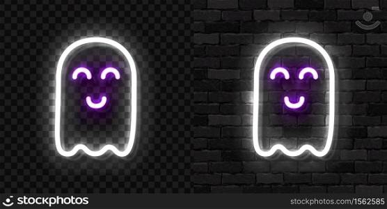 Vector realistic isolated neon sign of Ghost logo for template decoration and invitation covering on the wall and transparent background. Concept of Happy Halloween.