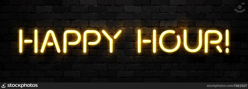 Vector realistic isolated neon sign of Happy Hour typography logo for template decoration and covering on the wall background. Concept of free drinks and night club.